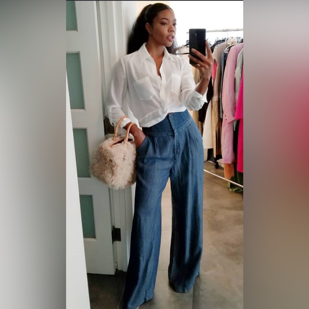 New York & Co Gabrielle Union High-Waist Flare/Wide Leg Chambray Size 0 NEW